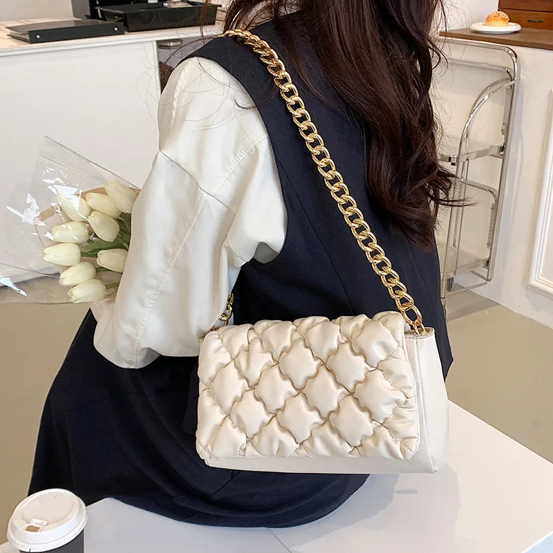 Leather Shoulder Bag Retro Small Quilted Metal Chain