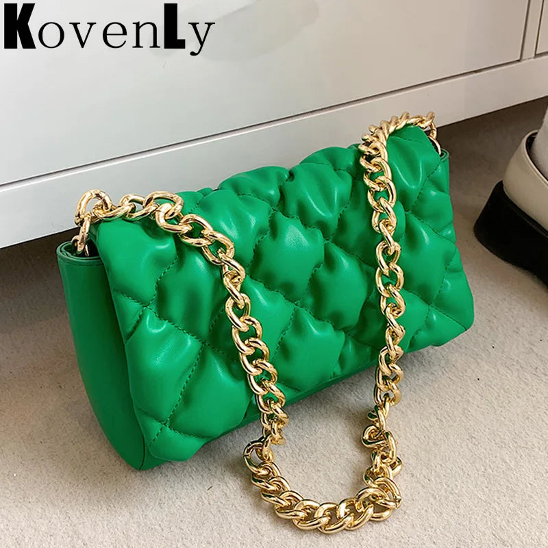 Leather Shoulder Bag Retro Small Quilted Metal Chain