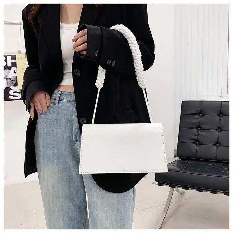 Braided Strap Crossbody Shoulder Bag PU Leather Flap Handbag