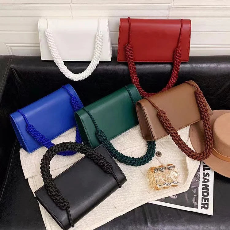 Braided Strap Crossbody Shoulder Bag PU Leather Flap Handbag