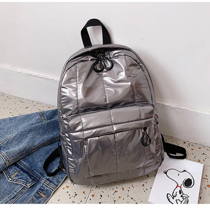 Quilted Fluffy Women Backpack Winter School Bag Lady Nylon Padded Bag