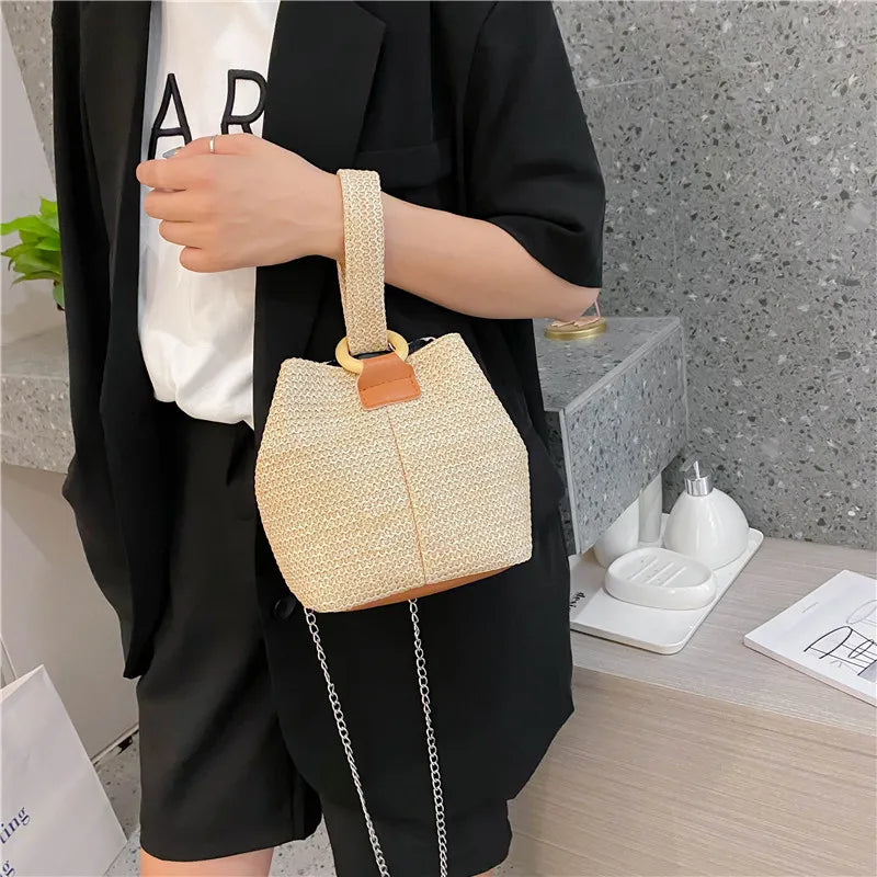 Straw Bucket Bag Women Hand-woven Handbag Beach Chain Shoulder Bag