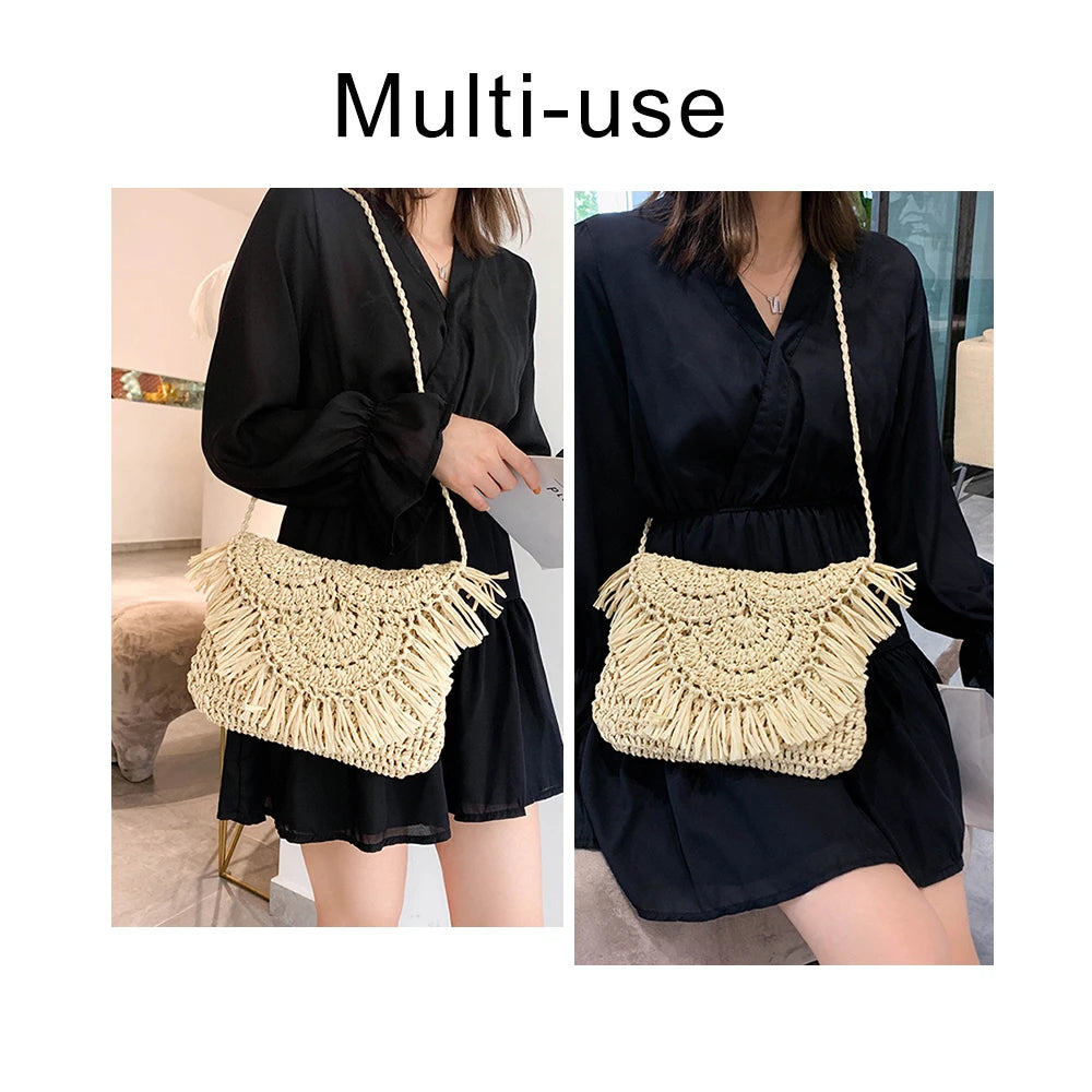 Woven Raffia Straw Shoulder Bag for Women