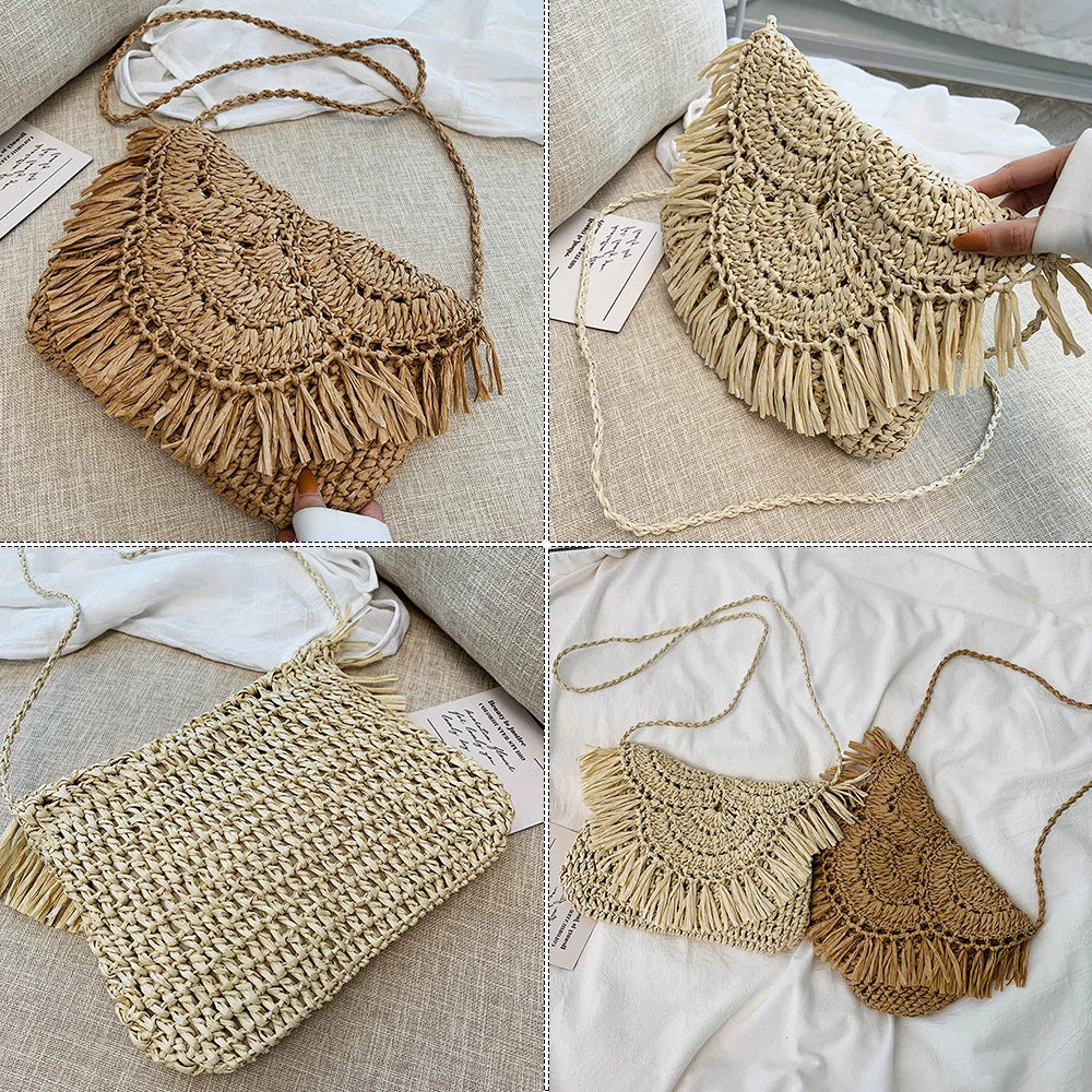 Woven Raffia Straw Shoulder Bag for Women