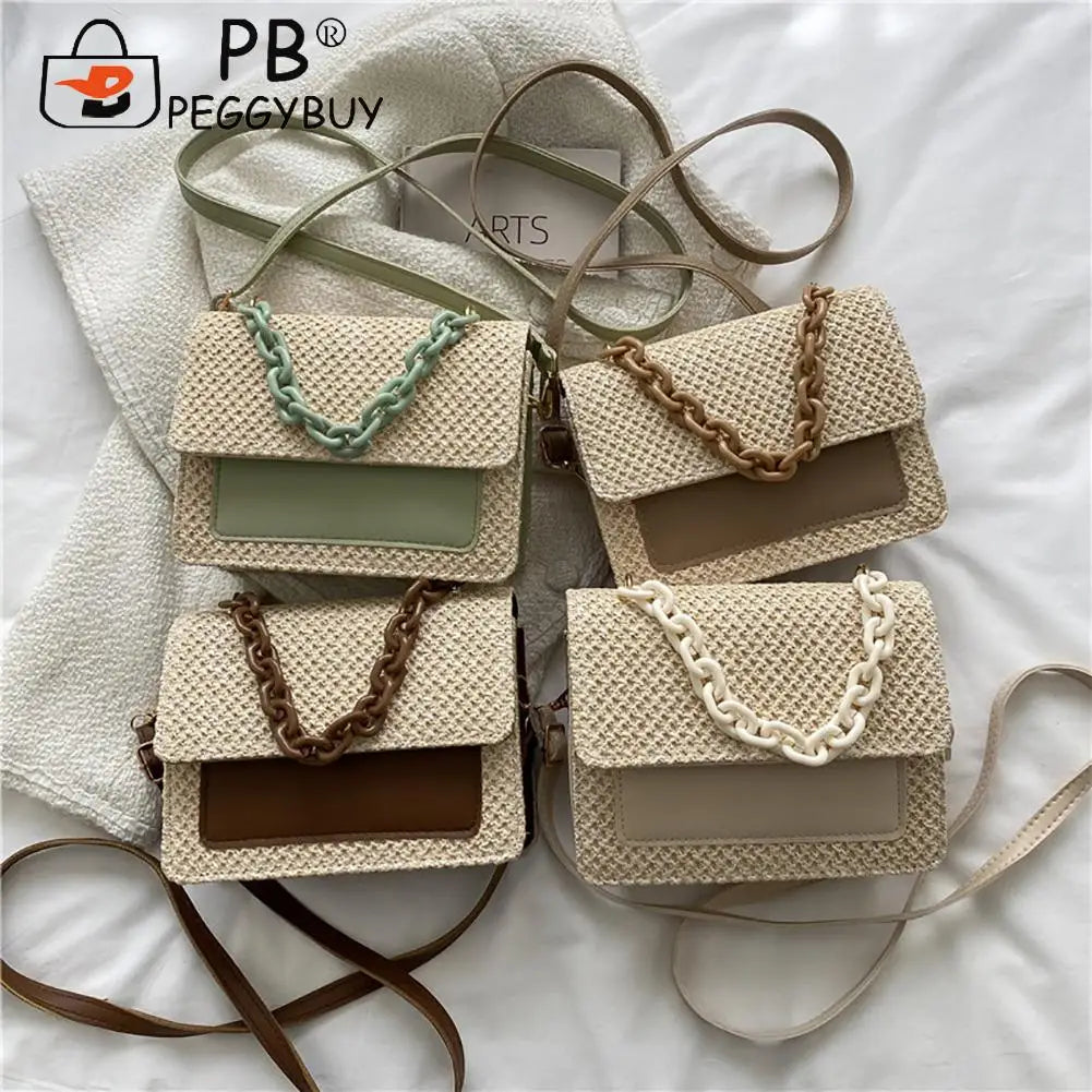 Straw Women Shoulder Messenger Bag Acrylic Chain for Shopping Leisure