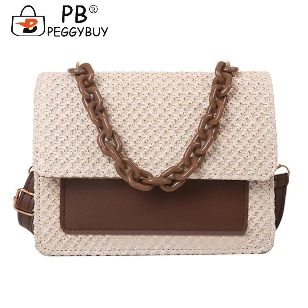Straw Women Shoulder Messenger Bag Acrylic Chain for Shopping Leisure
