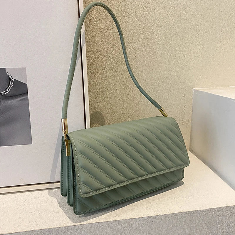 Striped Shoulder Bag Solid Pu Leather Lady Handbag Casual Women Bags