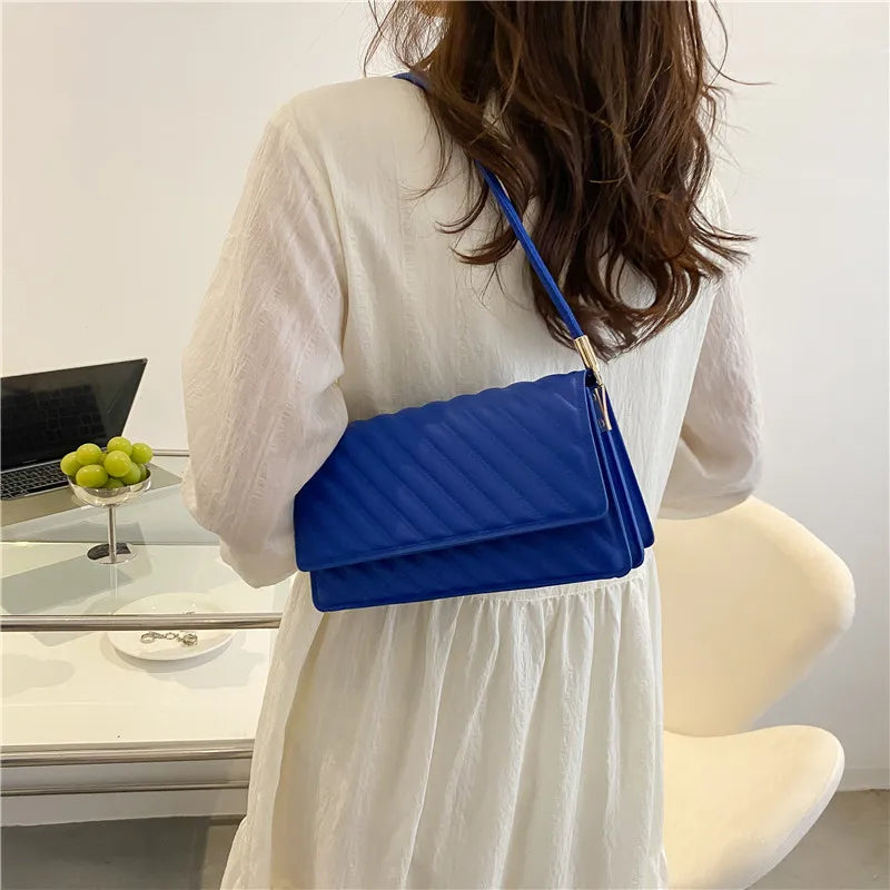 Striped Shoulder Bag Solid Pu Leather Lady Handbag Casual Women Bags
