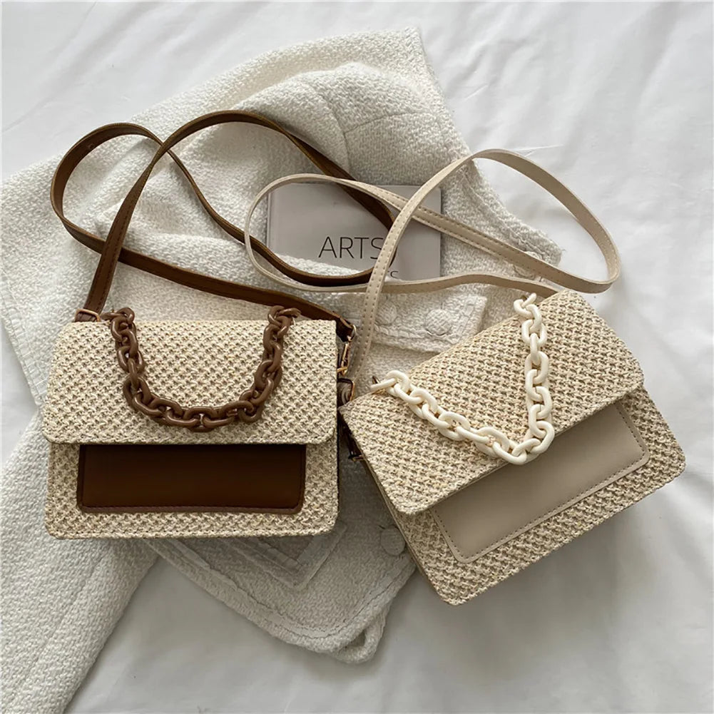 Summer Straw Square Bag Women Handbags Woven Hobo Beach Bag Acrylic Chain PU