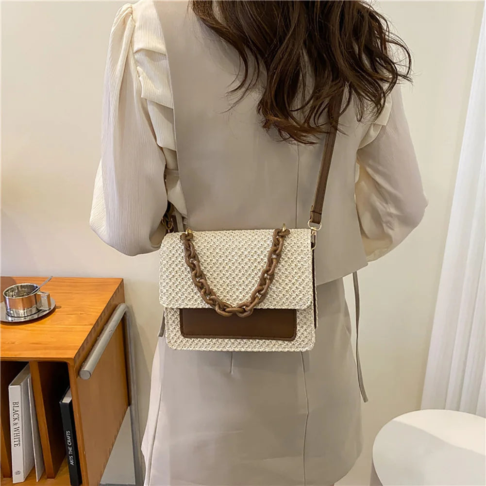 Summer Straw Square Bag Women Handbags Woven Hobo Beach Bag Acrylic Chain PU