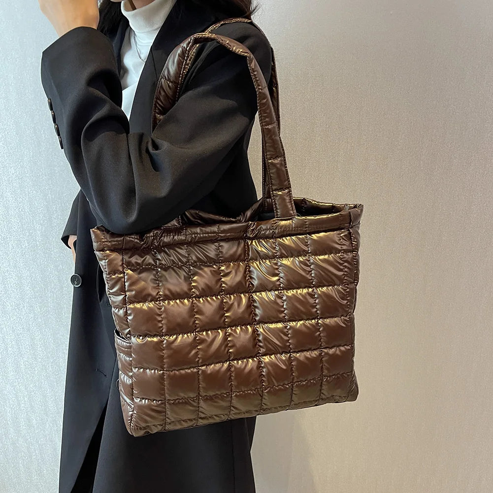 Nylon Quilted Shoulder Tote Large Capacity Cotton Padded Solid Top-handle Bag