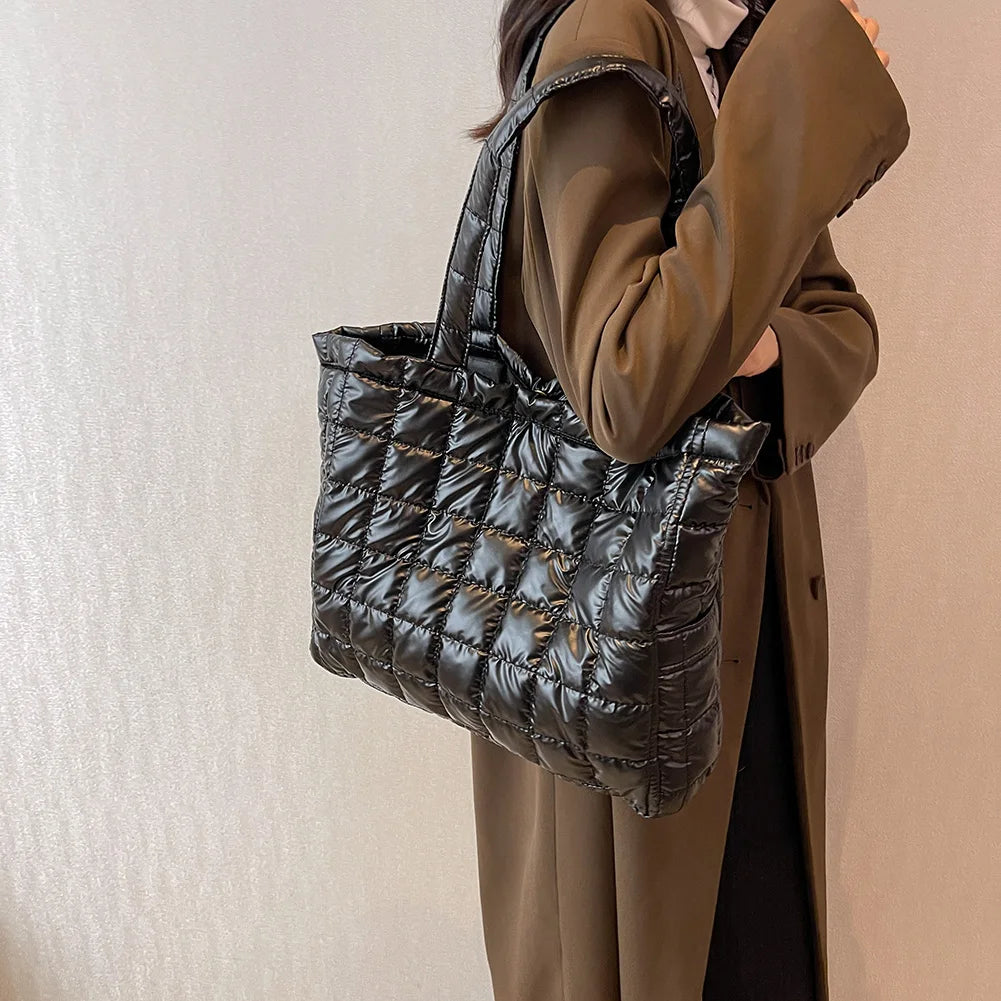 Nylon Quilted Shoulder Tote Large Capacity Cotton Padded Solid Top-handle Bag