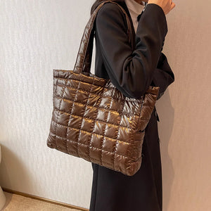 Nylon Quilted Shoulder Tote Large Capacity Cotton Padded Solid Top-handle Bag