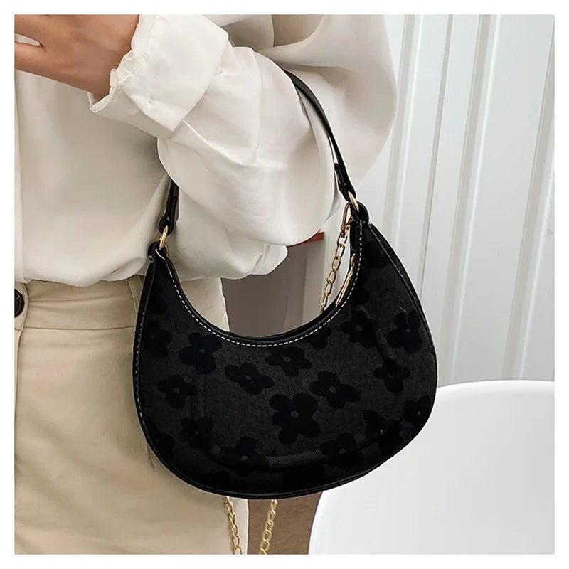 PU Leather Shoulder Bag with Chains Crossbody Flower Design