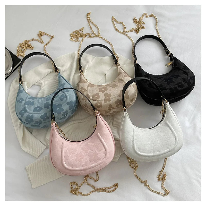 PU Leather Shoulder Bag with Chains Crossbody Flower Design