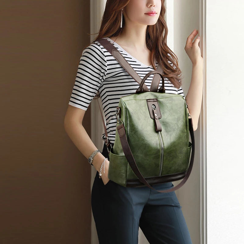 Vintage PU Leather Backpacks Women Big Capacity Travel Bookpack