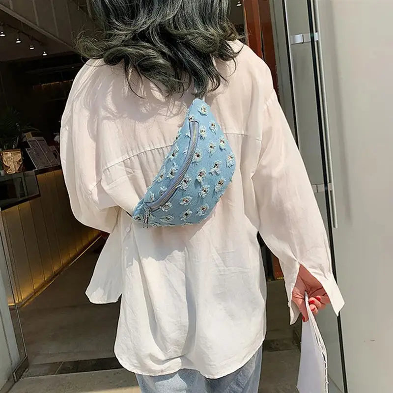Casual Womens Waist Bag Denim Crossbody Bag Creative Hole Modeling Bags