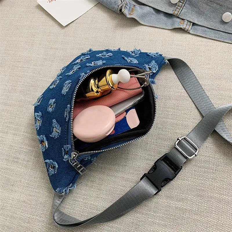 Casual Womens Waist Bag Denim Crossbody Bag Creative Hole Modeling Bags