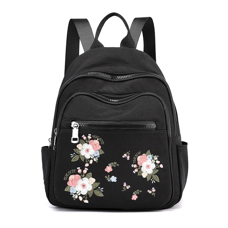 Waterproof Nylon Floral Embroidered Travel Backpack