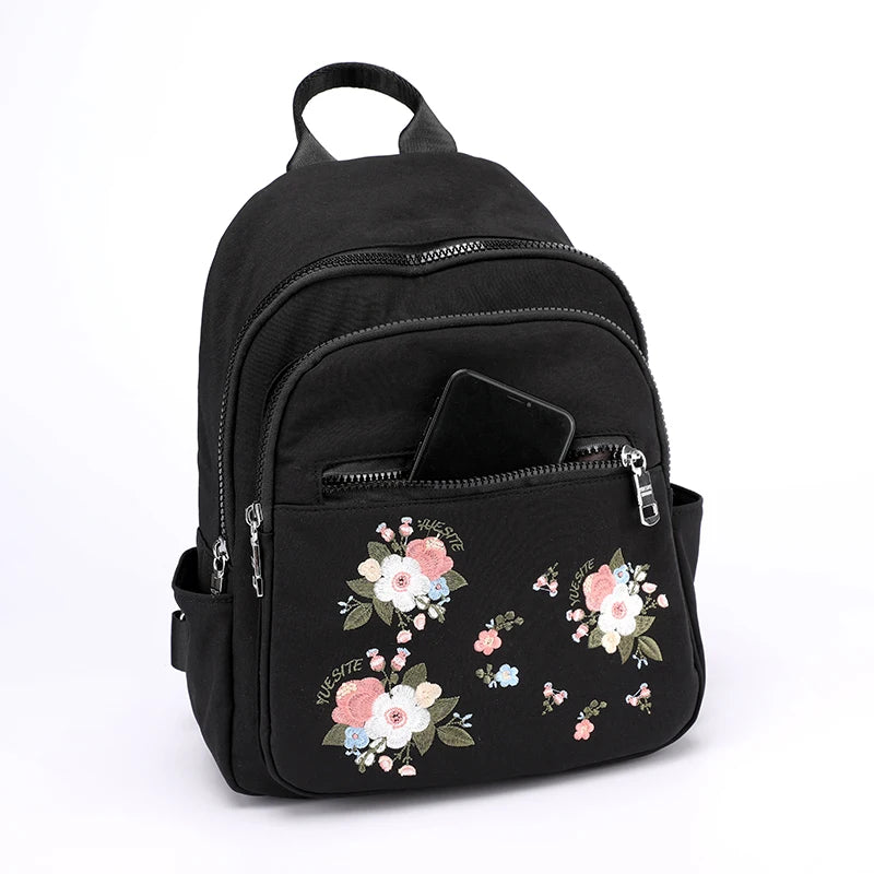 Waterproof Nylon Floral Embroidered Travel Backpack