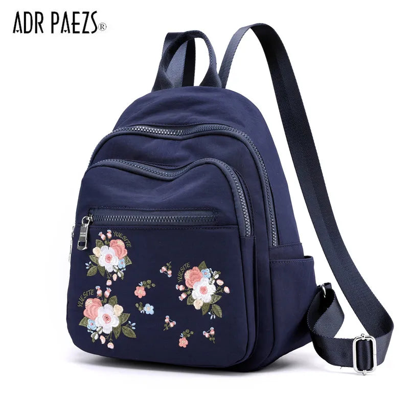 Waterproof Nylon Floral Embroidered Travel Backpack