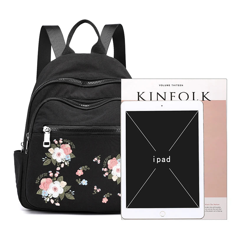 Waterproof Nylon Floral Embroidered Travel Backpack