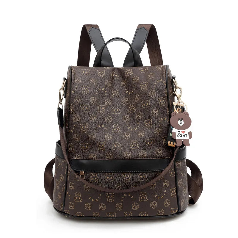 Cartoon Print Leather Backpack for Women