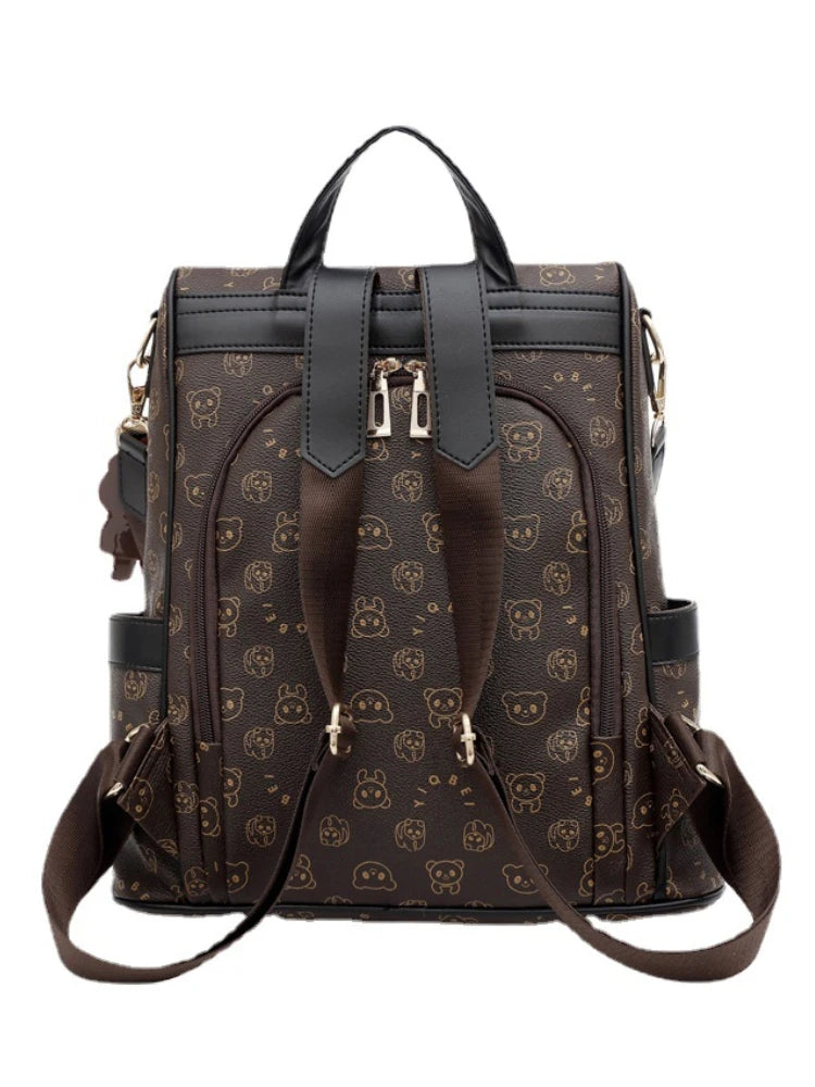 Cartoon Print Leather Backpack for Women