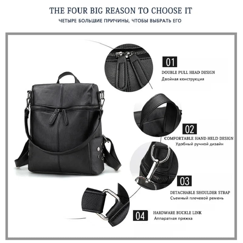 Vintage Leather School Backpack for Girls Large Shoulder Bags