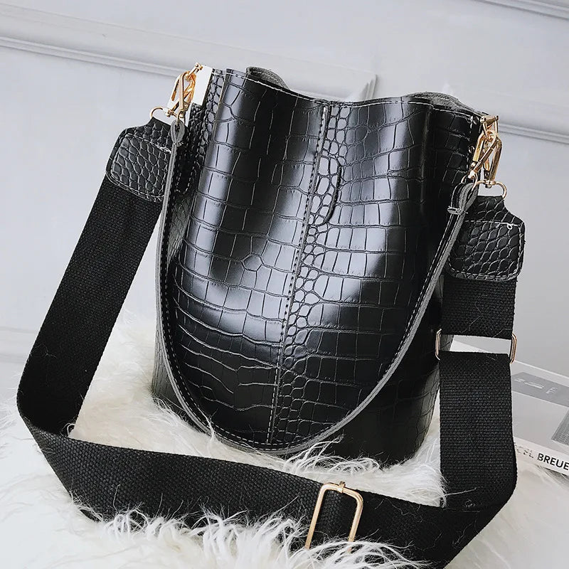Crocodile Pattern PU Leather Shoulder Bag Bucket Large Capacity Cross-body Bag