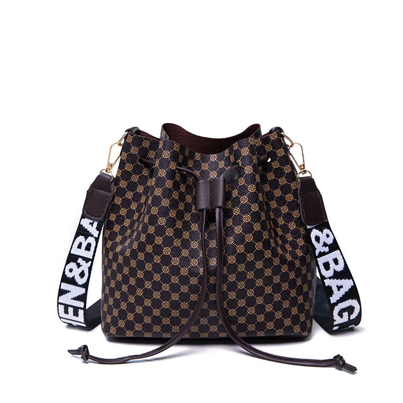 Women Bucket Shoulder Bag Drawstring Crossbody Bag Synthetic Leather Handbag