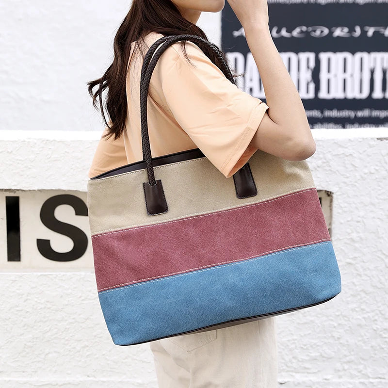 Women Canvas Shoulder Bag Ladies Striped Messenger Bag Large Capacity Crossbody