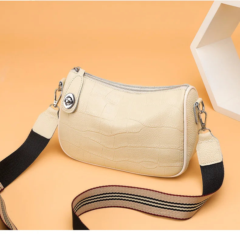 Stone Pattern Leather Crossbody Bag with Wide Strap