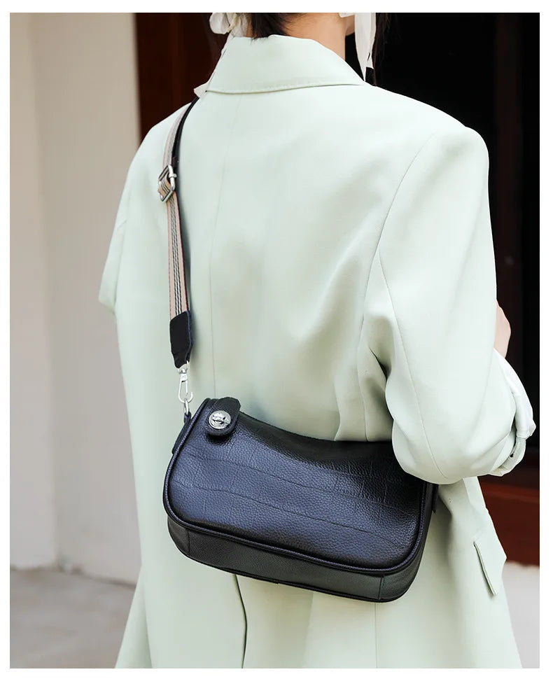 Stone Pattern Leather Crossbody Bag with Wide Strap