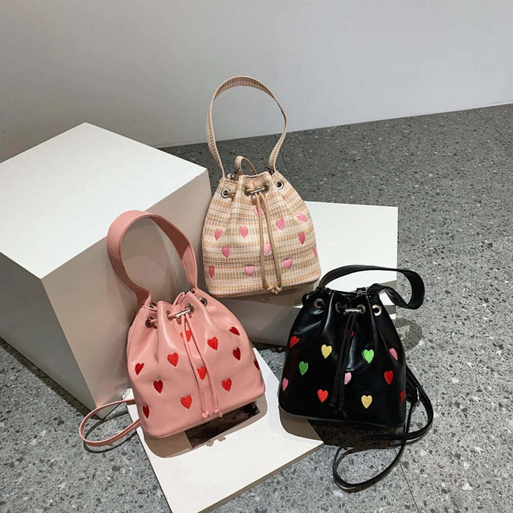 Love Heart Embroidered Crossbody Bag Leather Shoulder Purse Tote Handbag