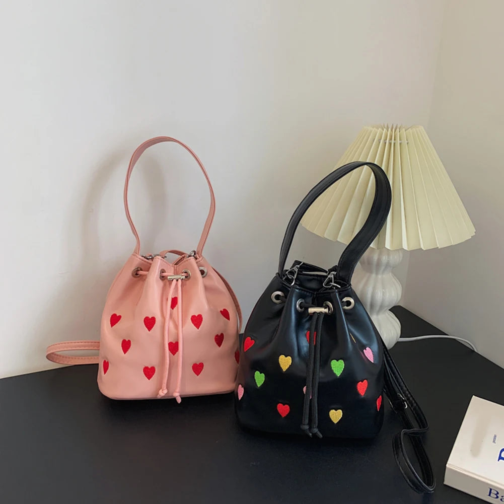 Love Heart Embroidered Crossbody Bag Leather Shoulder Purse Tote Handbag