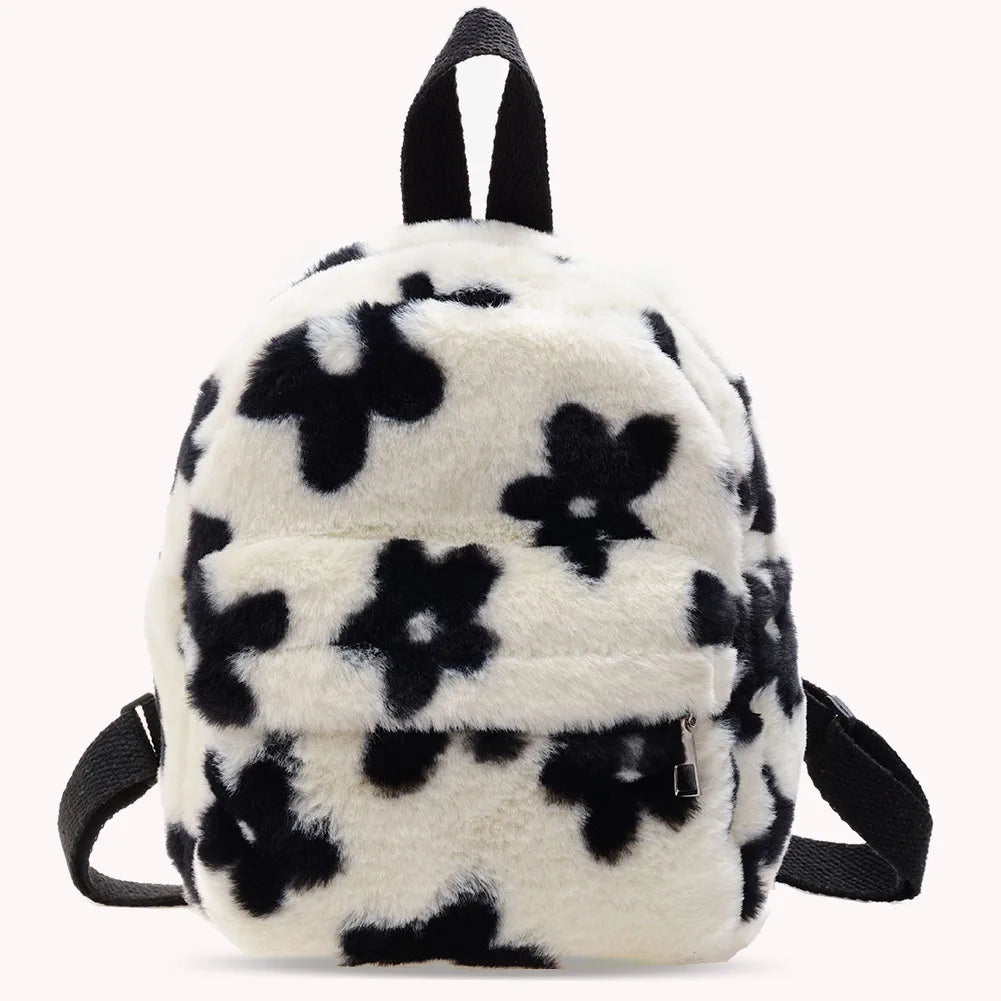 Women Flowers Print Backpack Plush Mini Rucksack
