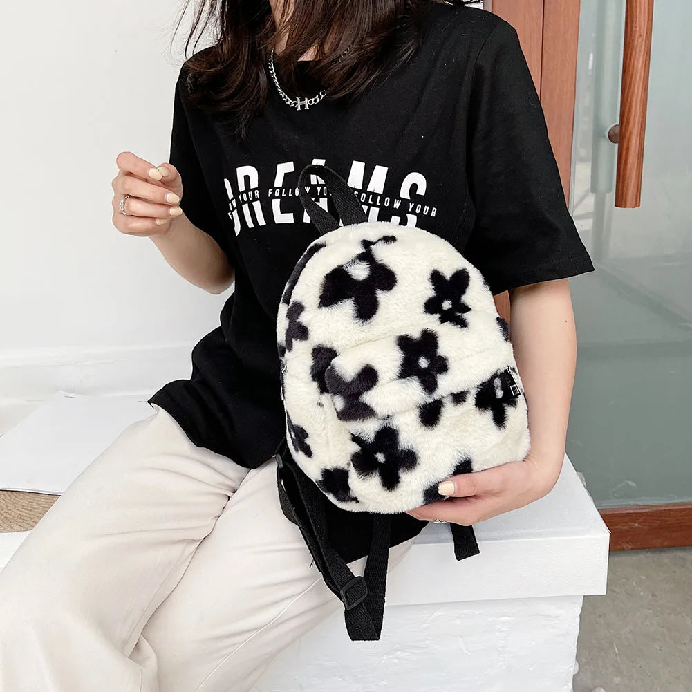 Women Flowers Print Backpack Plush Mini Rucksack