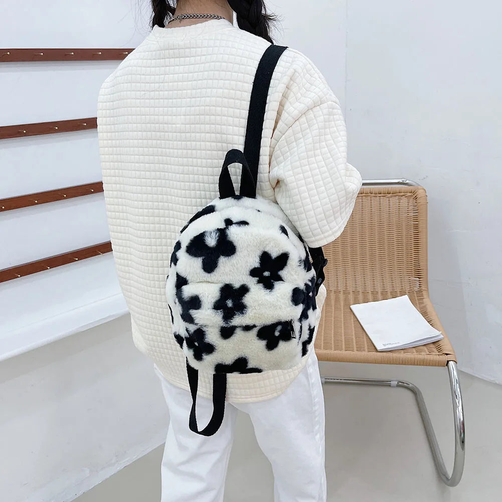 Women Flowers Print Backpack Plush Mini Rucksack