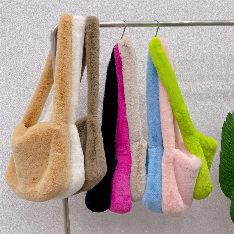 Pink Faux Fur Shoulder Bag Soft Fluffy Crosssbody Purse Tote Bag