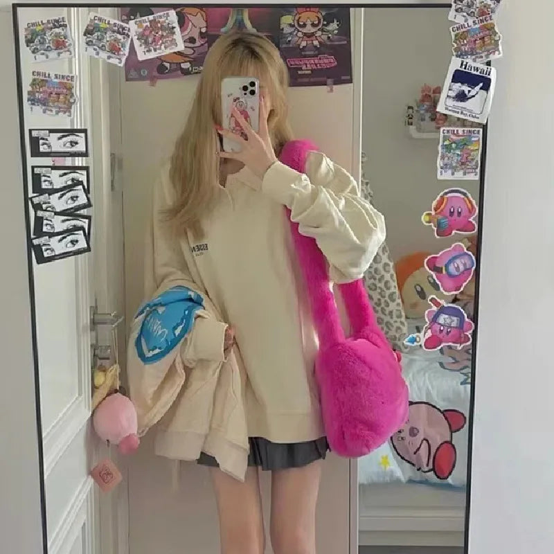 Pink Faux Fur Shoulder Bag Soft Fluffy Crosssbody Purse Tote Bag