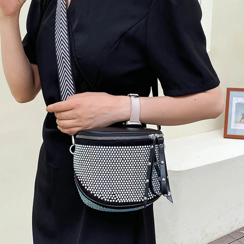 Women Leather Rhinestone Shoulder Bag with Wide Strap