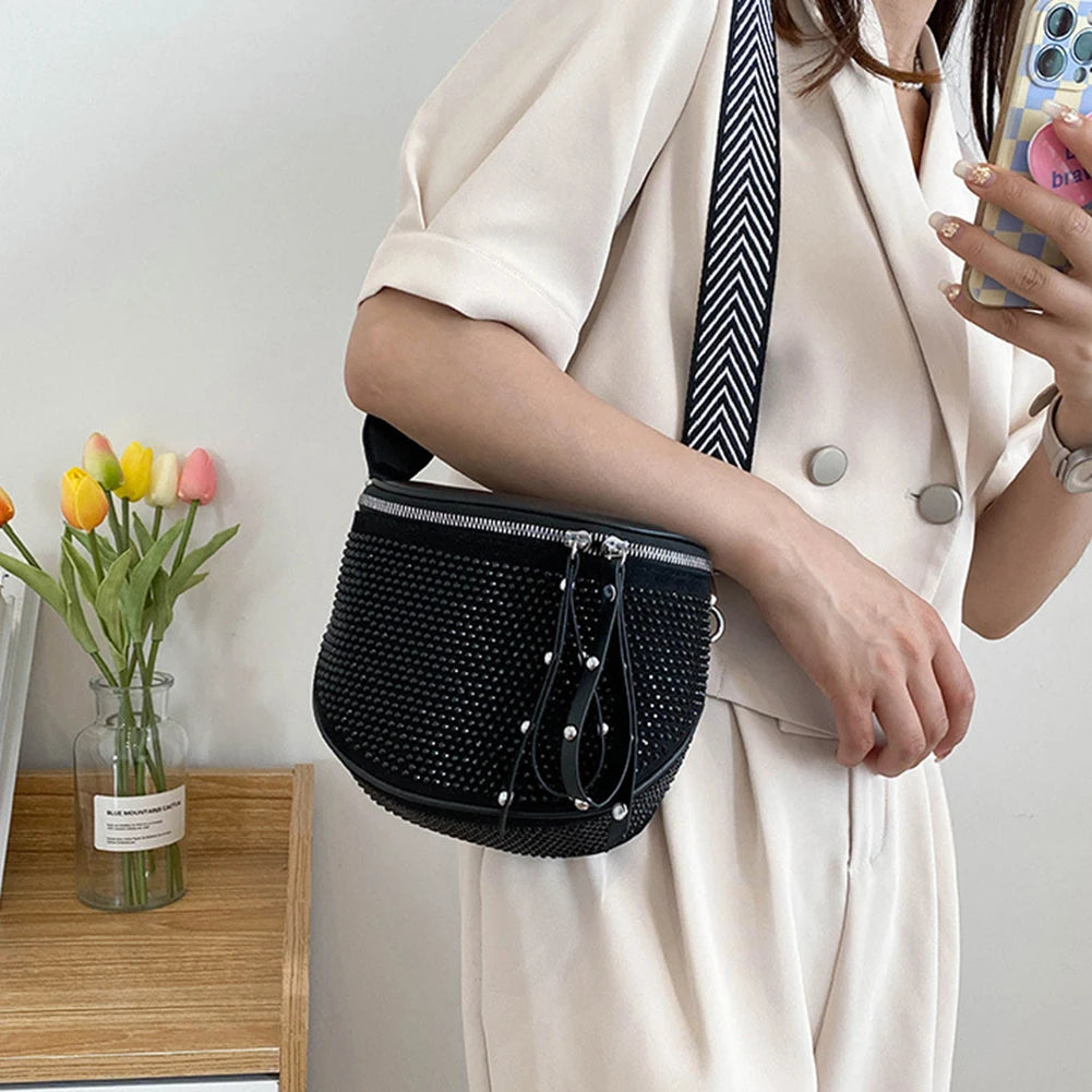 Women Leather Rhinestone Shoulder Bag with Wide Strap
