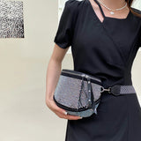 Women Leather Rhinestone Shoulder Bag with Wide Strap