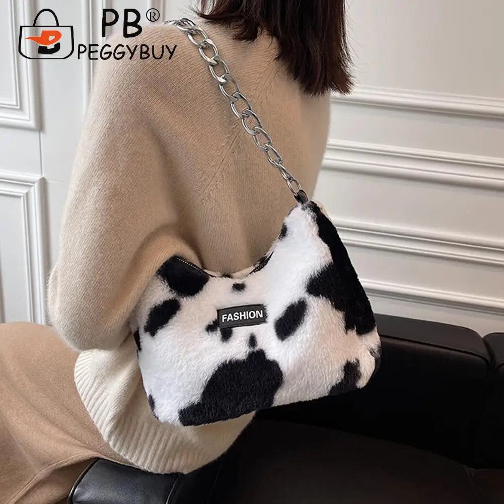 Leopard Printed Underarm Bag Soft Plush Handbag