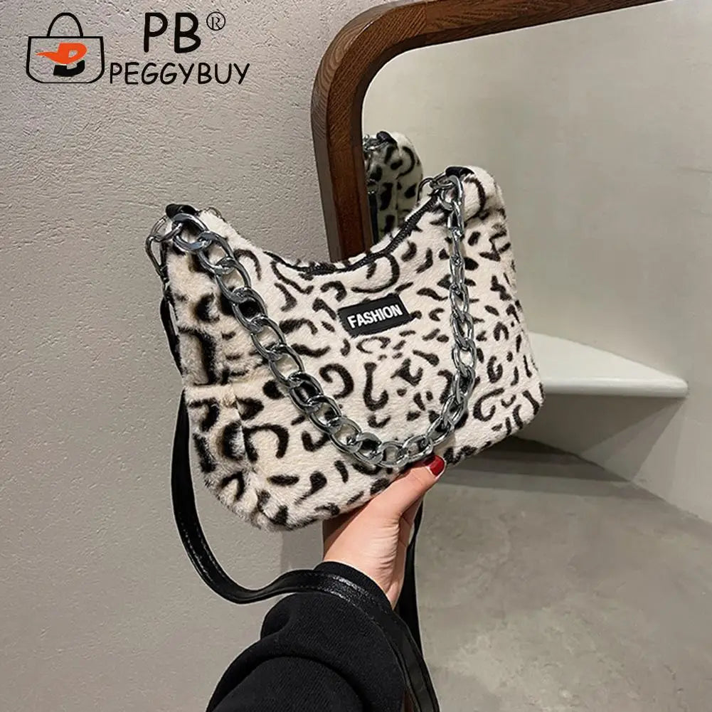 Leopard Printed Underarm Bag Soft Plush Handbag