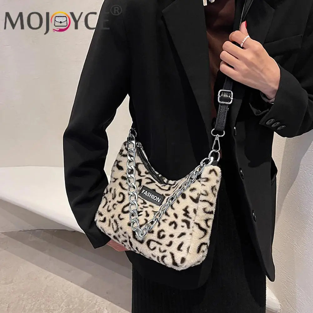 Leopard Printed Shoulder Bag Soft Plush Chain Zipper Handbag
