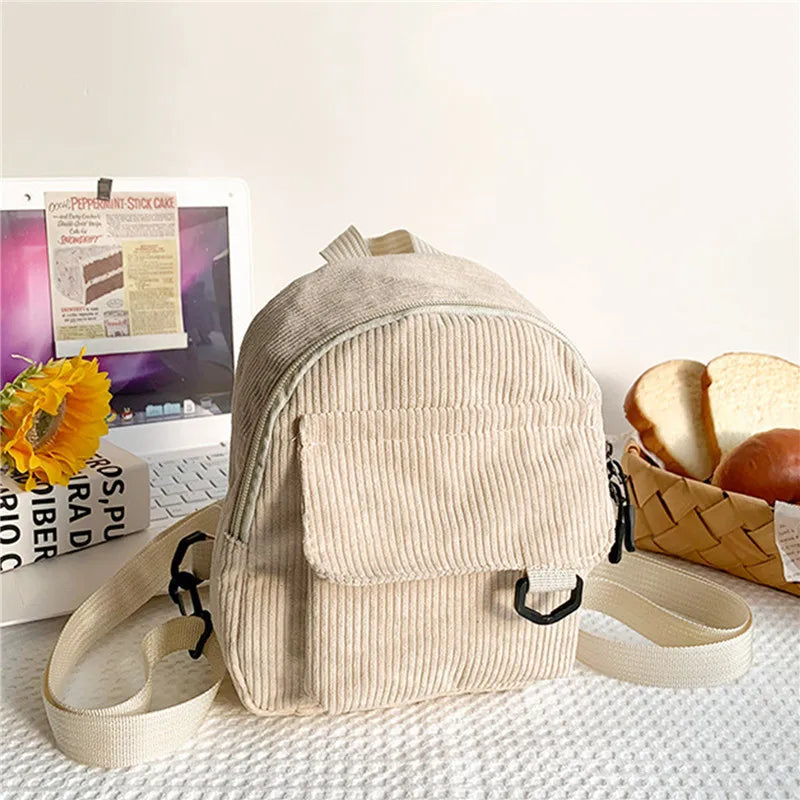 Small Corduroy Mini Backpack Women Casual Bookbag Travel