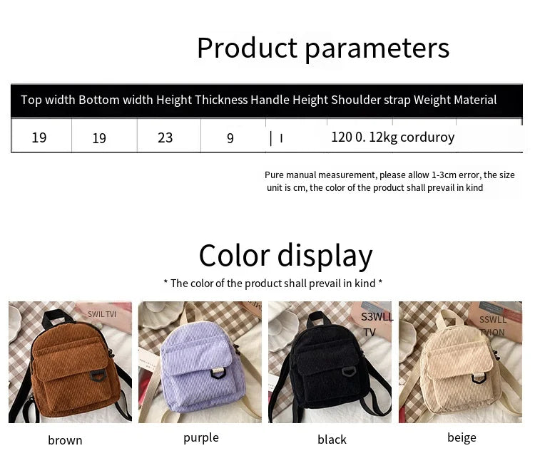 Corduroy Mini Backpacks for Women - Casual Student Bookbags