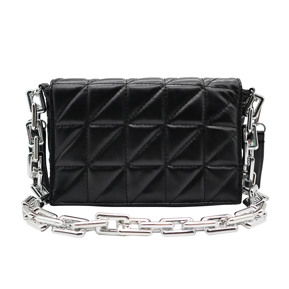 Women PU Leather Checker Pattern Shoulder Bag Chain Handbag Flap Purse